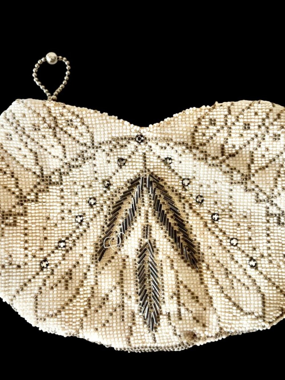 Vintage Art Deco White Beaded Wristlet Clutch Evening Bag